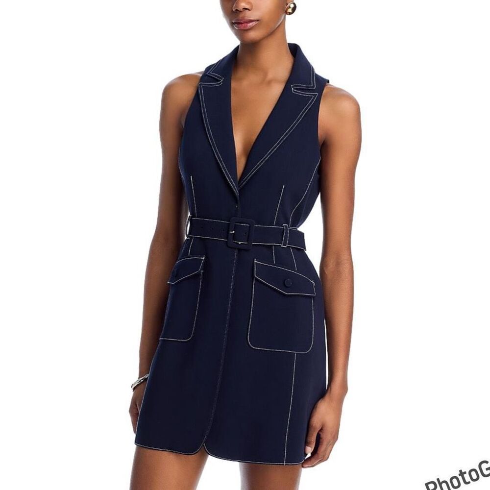 Cinq a Sept Belize Navy Belted Sleeveless Blazer Mini Dress 6 Women